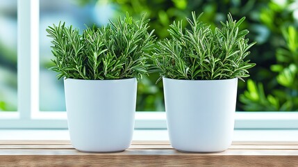 Wall Mural -   A pair of potted plants resting atop a wooden table beside a window featuring a lush green tree outside