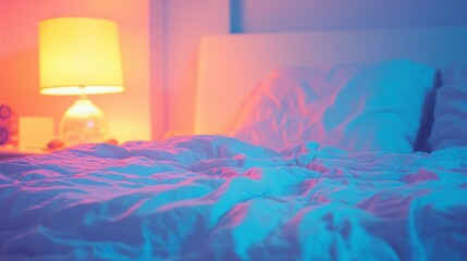 Wall Mural -   A zoomed-in photo of a bed adorned with a white duvet cover and a lamp resting on a nearby table