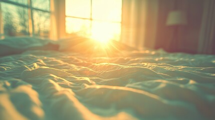 Wall Mural -   The sun illuminates a white-sheet-and-comforter bed through a window