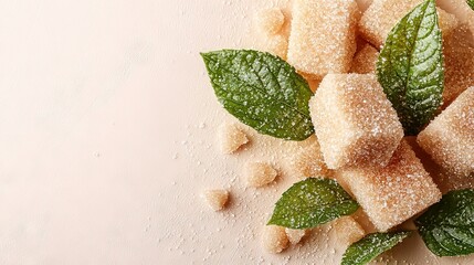  Green leaves on white surface with powdered sugar cubes and droplets of water