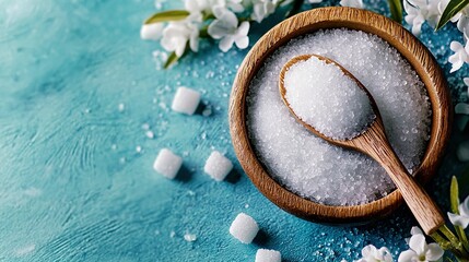 Poster -   A bowl of sugar cubes in a wooden bowl next to a spoon with sugar cubes