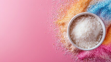 Poster -   White bowl filled with colorful powder Pink & Blue background Sprinkles on the bottom