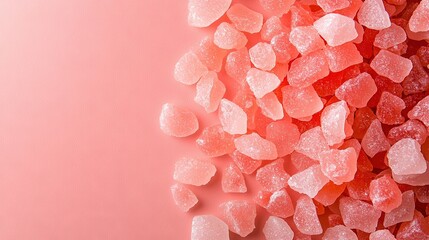 Wall Mural -   A group of gummy bears sitting atop a pink table alongside a gummy bear-filled bottle