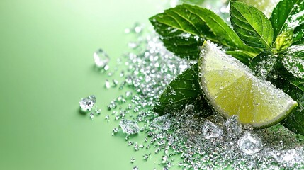   Close-up of lime and ice on green surface with water droplets and lime slice on top of ice