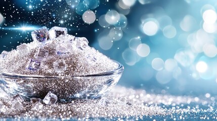 Wall Mural -   A blue and silver glitter-covered surface holds a glass bowl full of ice, illuminated by sparkling lights in the background