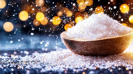 Wall Mural -   A wooden bowl brims with white sugar, positioned atop a table beside a mound of sugar