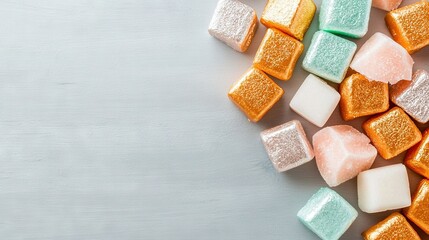 Wall Mural -   A pile of varied-colored marshmallows is resting atop a pristine wooden table adjacent to one another