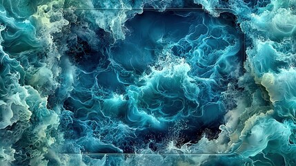 Wall Mural -   An ocean wave painting depicts waves in shades of blue and green within a square frame