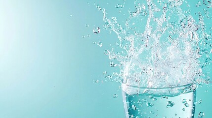 Wall Mural -   Glass of water with a splash on a blue background