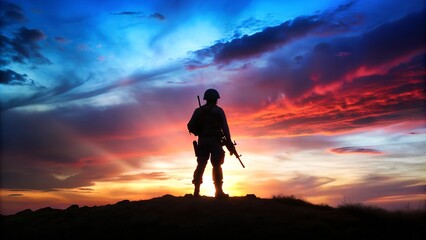 Soldier Silhouetted Against Vibrant Sunset Sky Holding Rifle