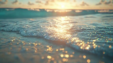 Wall Mural - a beach wave close-up, with the sun illuminating the water and cloudy sky above