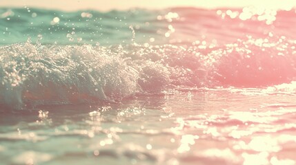 Wall Mural -   A close-up of a wave in the ocean with a pink and blue sky in the background