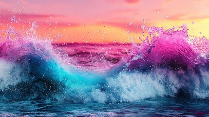 Wall Mural -   A pink and blue wave splashes in the ocean with an orange sky in the background and a pink and blue sky overhead