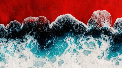 Wall Mural -   An aerial view of the ocean with waves crashing on the shore and a red wall in the background