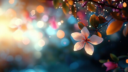 Poster -   A macro shot of a floret on a treetop, surrounded by out-of-focus lights and an unfocused foreground