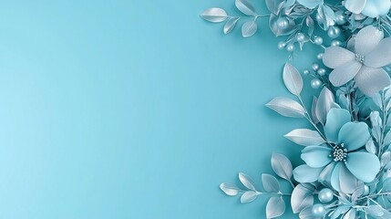 Wall Mural -   Blue background with flowers at bottom and top