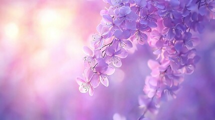 Canvas Print -   A close-up of a cluster of purple blossoms on a tree limb with a hazy light background