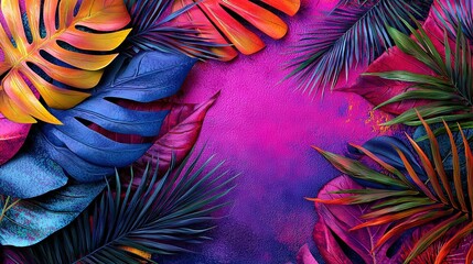 Wall Mural -   A painting featuring tropical flora against a purple and pink backdrop, while the background showcases a blend of pink and blue hues