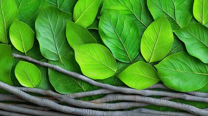 Wall Mural -   A zoomed-in image of several green foliage clusters on a tree limb with a twig protruding