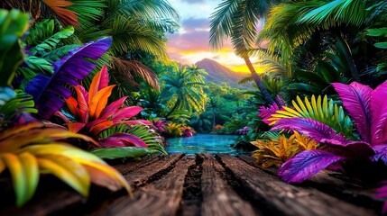 Wall Mural -   Painting of a jungle river with palm trees and sunset