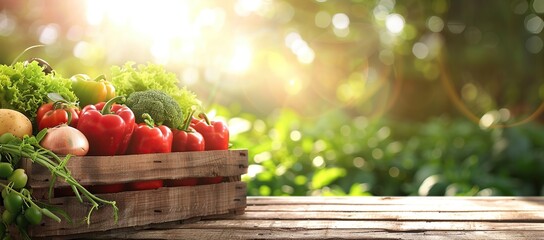 Canvas Print - Fresh Vegetables in a Wooden Crate with a Sunny Background