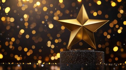 Sticker - The golden star trophy sits on an elegant black circular podium highlighted with warm light and bokeh effects representing a luxury award ceremony