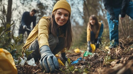 Volunteers engaged in a nature cleanup, enjoying charitable social work outdoors, focusing on garbage collection and waste separation, highlighting community service and environmental stewardship.