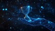 © DZMITRY - In this futuristic design, a hand holds a trophy cup on a dark blue background. The design uses a low polygonal style with glowing effects