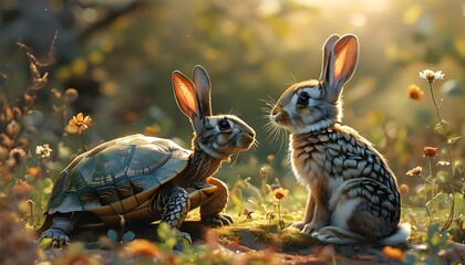 Tortoise and Rabbit Celebrating Friendship Amidst Natures Beauty