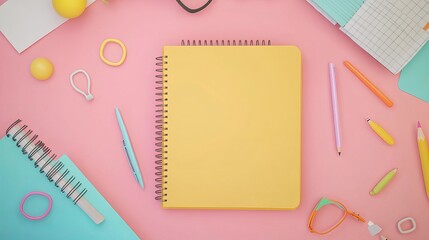 Wall Mural - 3D cartoonstyle rendering of an open notebook laid flat with space for text Represents an elearning or online education concept