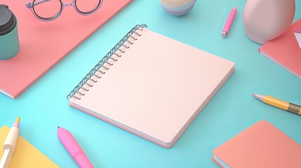 Wall Mural - 3D cartoonstyle rendering of an open notebook laid flat with space for text Represents an elearning or online education concept
