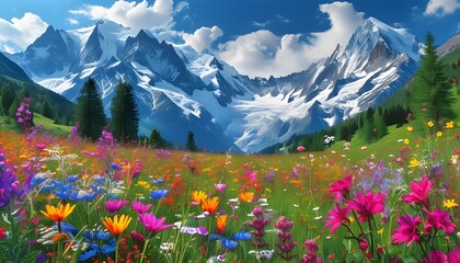 Wall Mural - Majestic Alps Wildflower Meadow adorned with Vibrant Blooms against a Backdrop of Snow-Capped Peaks