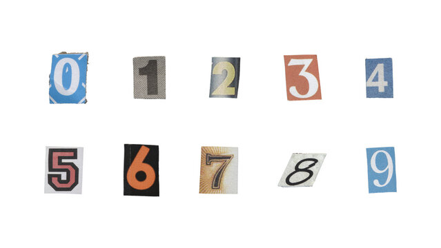 Set of cut-out ransom number from magazines on a transparent background, retro y2k style