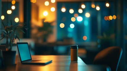 Wall Mural - abstract blurred image of an office interior at night showcasing a blurry working space with a defoc