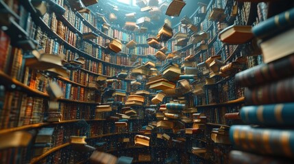 Wall Mural - A swirling library filled with floating books in a mystical atmosphere.