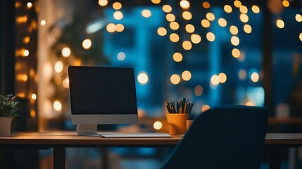 Wall Mural - abstract blurred image of an office interior at night showcasing a blurry working space with a defoc