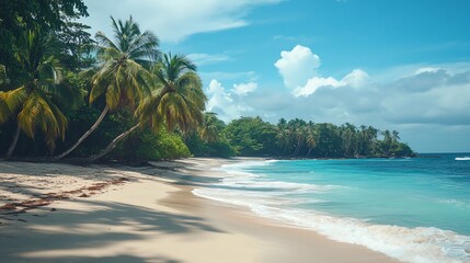Wall Mural - Tropical beach with white sand, palm trees, and turquoise water.