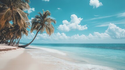 Wall Mural - A tranquil tropical beach with white sand, turquoise water, and swaying palm trees.