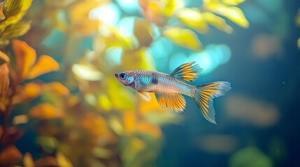 Gold guppy fish Poecilia reticulata displayed on a nature-themed background.