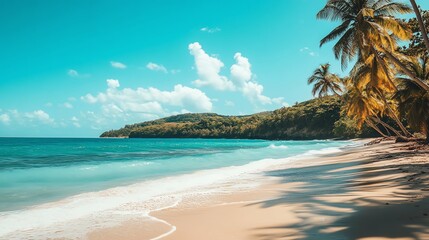 Wall Mural - A beautiful tropical beach with palm trees and turquoise water.