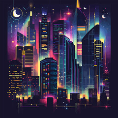 Wall Mural - Abstract cityscape at night with neon lights and skyscrapers, urban nightlife, vector illustration for t-shirt, flat style.