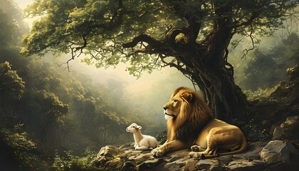 Harmonious Serenity: Lion and Lamb Resting Under Ancient Tree in Lush Green Forest