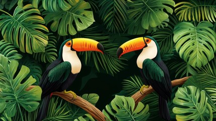 Wall Mural - Featuring toucans perched on branches amidst exotic tropical leaves in an abstract style, this seamless textile pattern will transport you to the tropical tropics.