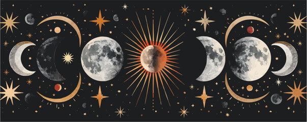 Wall Mural - Abstract moon phases with stars and celestial elements, cosmic cycle, vector illustration for t-shirt, flat style.