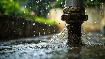 During a rainy day after a storm, a plastic pipe leaks and splashes water.