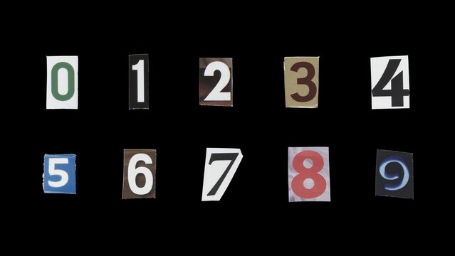 Set of cut-out ransom number from magazines on a black background, retro y2k style