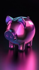 A holographic piggy bank icon shifts between vibrant pink and purple, glowing in the dark