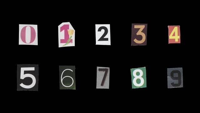 Set of cut-out ransom number from magazines on a black background, retro y2k style