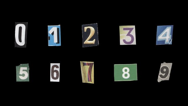 Set of cut-out ransom number from magazines on a black background, retro y2k style