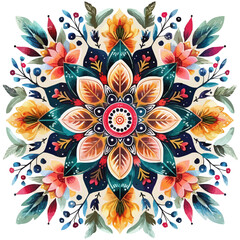 A colorful flower with green leaves and red center